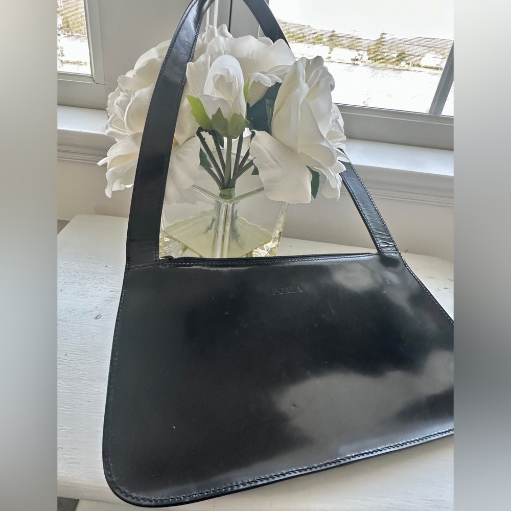 FURLA black patent leather and lambswool shoulder bag EUC - Picture 2 of 16